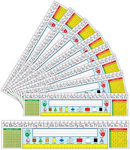 Carson dellosa 36 PC. Placas tradicionais de nomes do manuscrito para mesas, placas de nomes para sala de aula com alfabetismo e tiras de linha numérica para mesas, formas e gráfico de números, nomes de mesa