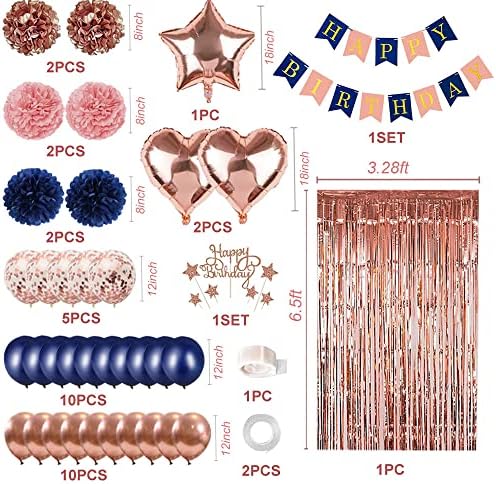 Kit de decorações para festas de ouro rosa azul marinho para mulheres meninas, banner, pomps de