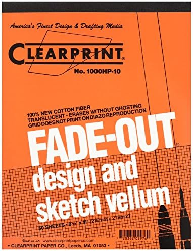 ClearPrint Vellum Pad com grade de desbotamento 10x10, 8,5x11 polegadas, 16 lb., 60 gsm, 1000h algodão, 50 folhas brancas translúcidas, 1 cada