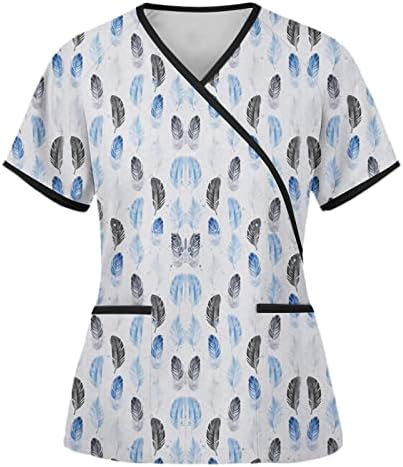 Tops de decote em V Mulheres Penas Penas Principed Scrub Sleeve Treina de camisa Túmulos de blusas vestidos com