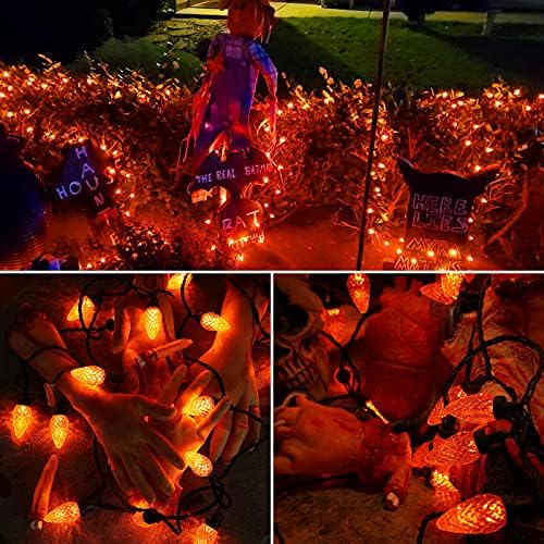 Luzes de Halloween Brizled, 66 pés 100 LEDs C9 Luzes de Halloween, Luzes de laranja conectáveis, Luzes de barragem de morango facetadas Fio preto, UL listado luz