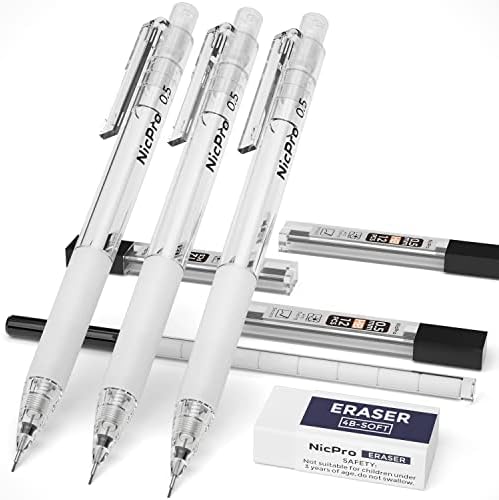 Conjunto de lápis mecânicos da Nicpro, 3 lápis de metal e 3 lápis mecânicos 0.5 com tubos reabastecimento