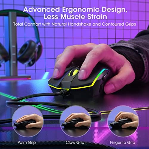 RGB Gaming Mouse Wired, PC Gaming Mouse com 8 botões programáveis, backlits Chroma RGB, ajuste 7200