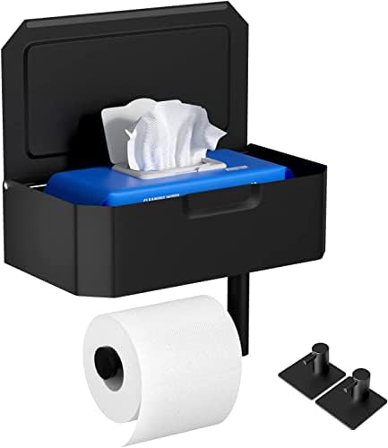 Suporte de papel higiênico com prateleira para barthroom, suporte de papel de papel de papel higiênico com dispensador de lenços, suporte de papel higiênico de aço inoxidável com armazenamento, mantenha seus lenços escondidos fora de vista (preto