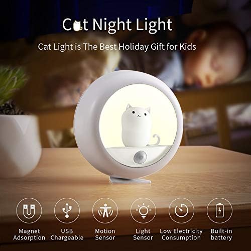 Sensor de movimento Luz da noite, branca quente USB Luz de cabeceira recarregável, lâmpada de gato magnética