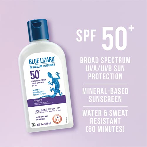 Loção de protetor solar de mineral esportivo de lagarto azul - SPF 50+, creme, sem perfume, 8,75 fl oz