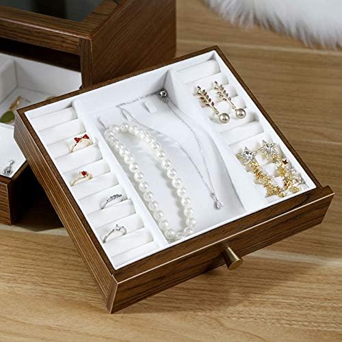 Caixa de joias de vidro de YQ WHJB, caixa de colar de escolares de anel dupla camadas de madeira, caixa de bugigangas