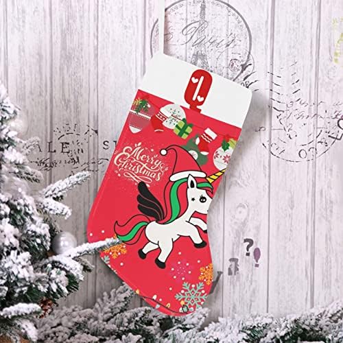 Santa Unicorn Christmas Stocking com letra q e coração 18 polegadas grandes vermelhas e brancas