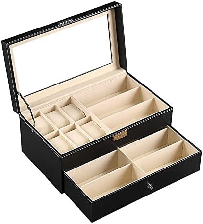 Qwertg 2 camadas de couro grande caixa de relógio de couro e óculos de sol copos caixa de armazenamento caixa