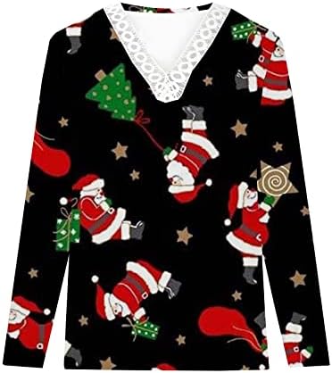 Tops impressos de Natal para mulheres Crochet Lace Trim v pescoço t camisetas casuais outono floral pullover fofo