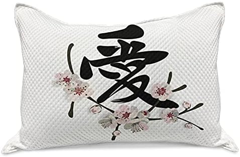 Capa de travesseira de malha kanji lunarable, ilustração da palavra de amor chinesa com flores de cerejeira, capa padrão de travesseiro de tamanho king para quarto, 36 x 20, a carvão cinza blush