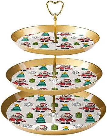 Dragonbtu 3 Cupcake Stand com Rod Gold Rod Plastic Triered Tower Tower Bandeja Natal com Papai Noel