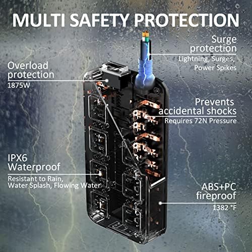 APS 3 Pacote Faixa de potência à prova d'água preta ao ar livre com 3 portas USB, cabo de extensão de 6 pés de comprimento