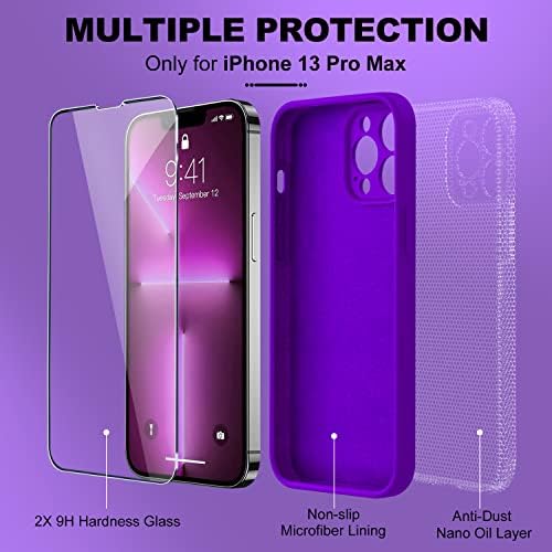 Bosskiss compatível com o iPhone 13 Pro Max Case, estojo de silicone líquido premium [Touch aveludado] [2 PCs 9H Protetor de tela de vidro temperado], Caso de kit de choque de proteção contra proteção da câmera, Neon Purple