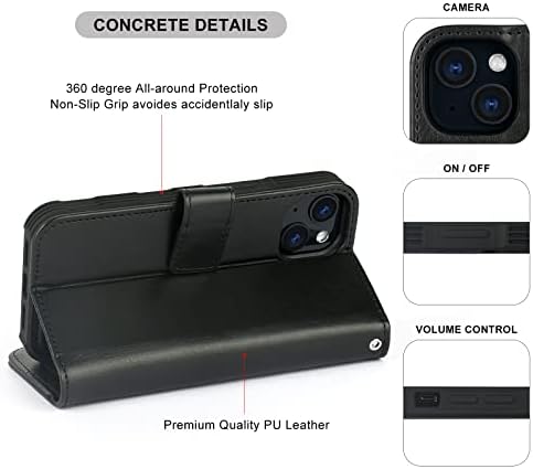 Caixa de carteira magnética destacável de Navor com pulseira compatível com o iPhone 13 [6,1 polegadas] [fólio], RFID Protection Kickstand -preto
