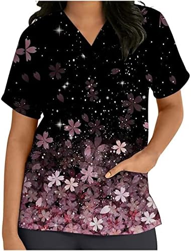 Moda de trabalho casual feminino Túdos de túnica estampada floral V Scrub_shirts de manga curta com bolsos