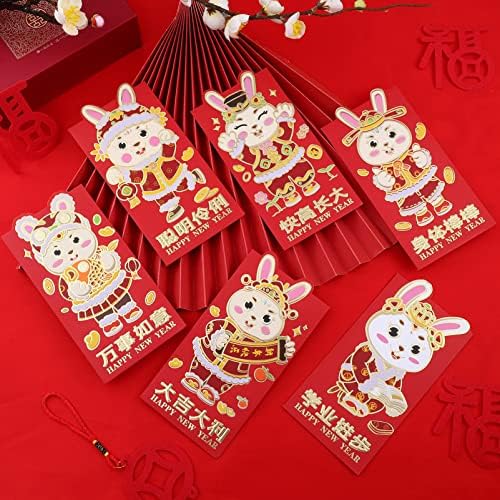 Aboofan 24pcs 2023 envelopes vermelhos chineses desenho animado zodiac Rabbit Year Pacotes Vermelho Pacotes Chineses Hong Bao Ano das bolsas de dinheiro do coelho