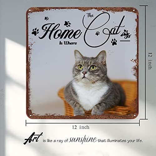Finamille Home é onde o gato está citando o sinal de lata de metal Presentes para amantes de gatos Signo de gato de estimação, sinal de gatinho, arte de parede de animais, placa pendurada arte de parede para cafés de banheiro de escritório em casa pubs 12x12 polegadas