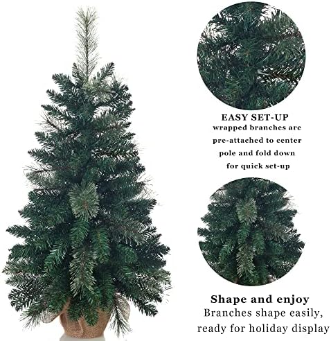 Árvore de Natal artificial pré-iluminada de 3 pés, 100 galhos de PVC Dicas+20 agulhas de pinheiro com flores+Base plástica embrulhada em serapilheira, árvore de natal verde para mesa ou mesa