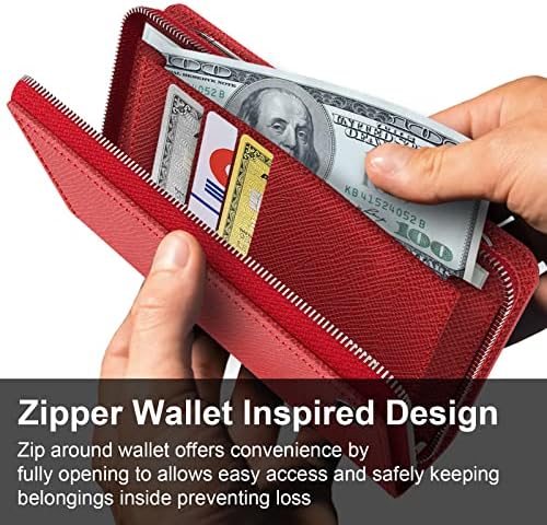 Just4you iPhone 14 Caixa de carteira com zíper com suporte de cartão de proteção de couro de proteção de couro fúlpice capa para mulheres cs_fc_zw_i14_rd
