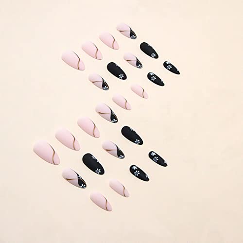Rikview Almond Press On Nails Medium Fake Nails preto preto de acrílico fosco com flores Design de unhas nuas para mulheres