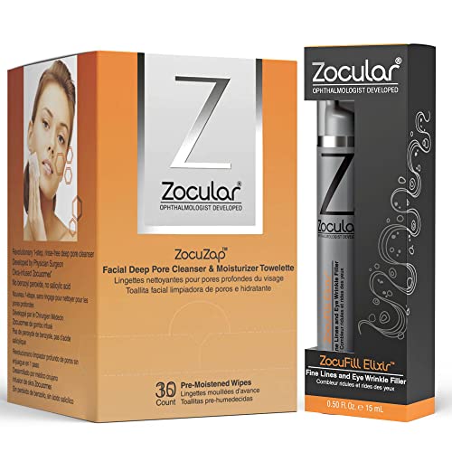 Limpos faciais zoculares zocuzap, 15 contagem + zocufill elixir gel e pacote de soro de rosto
