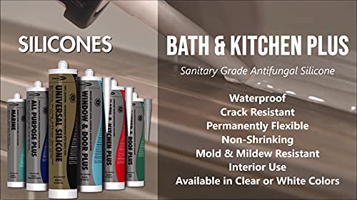 Bond It Bath & Kitchen Plus, Caulk de silicone de alta qualidade de alta qualidade, impermeabilização, excelente adesão, rachaduras resistentes, permanentemente flexíveis, não-riscando, uso interno, 10 oz, claro