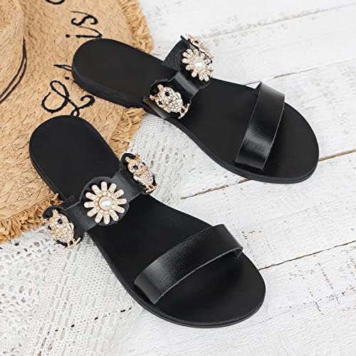 Flippers para feminino peep dedo dedo planos de dedo deslize em sapatos decoração de flores de metal de verão Sapatos de praia de conforto casual