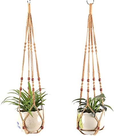 Walbest 2pcs Planta pendurada cesta de decoração de parede de miçangas práticas vaso de flores trançadas bandeja de panela bege bege