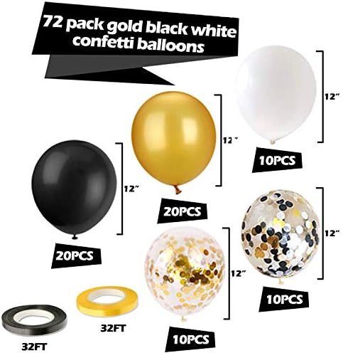 72 Pacote Kit de balões de confete de ouro preto, balões de 12 polegadas de ouro preto e balões de confetes dourados com fitas de balão para formatura de aniversário de casamento decorações de festas de chá de bebê