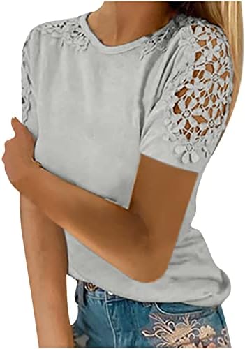 Blusa de renda fofa de mulher de verão de manga curta renda de renda de renda casual redondo camisetas