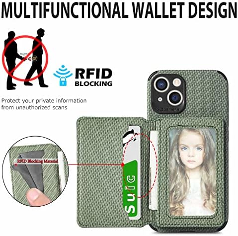 Shinycase para iPhone 13 mini capa de capa com suporte de cartão elegante carteira de flip carteira de carteira de crédito caça -níqueis de proteção de choques de fibra de fibra de fibra de carbono para iPhone 13 mini, verde