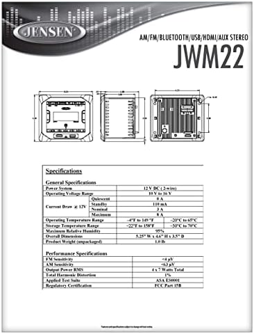 Jensen JWM22 Zonas de 2 alto-falantes AM/FM | BT | HDMI | AUX CUBE MUITO ESTÉREO DE MONTAGEM DE PAREDE, SAÍTURA DE OUTOR 4X 6 WATT, 30 predefinições da estação, recebe áudio Bluetooth e controles de dispositivos