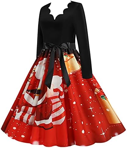 Vestido de Natal vintage feminino Xmas Rockabilly Cocktail Party Dress V pescoço de manga longa Sra. Papai Noel