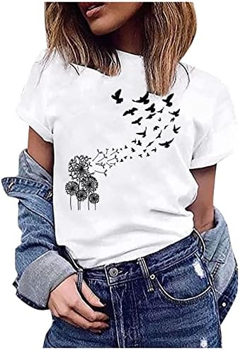 Tops casuais para mulheres, Lady Feather Print Tee Shorts Bloups Bloups Crewneck Casual camisetas