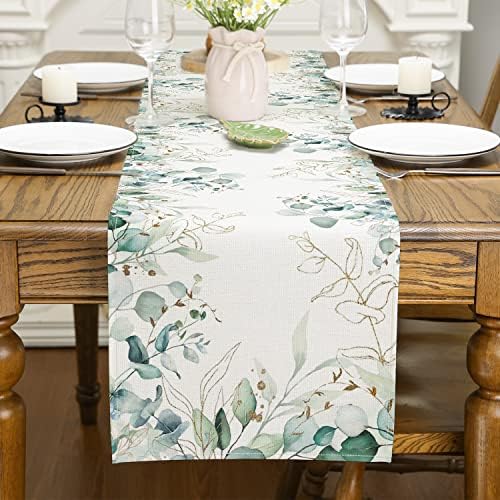 SIILUES Spring Table Runner, Spring Summer Decorações do eucalipto branco folhas de mesa verde Cornner