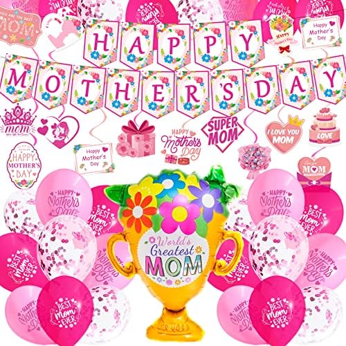 Decorações do dia das mães 64pcs Dia das mães Balões de látex rosa rosa vermelho feliz dia das mães banner
