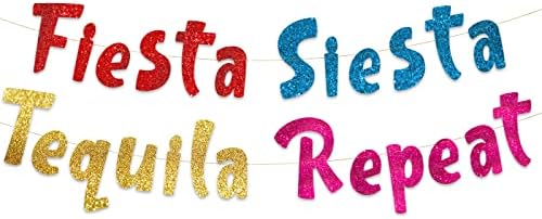 Fiesta siesta tequila repetir banner de glitter colorido - decorações de despedida de solteira - Cinco de Mayo - 21º 30º 40º aniversário - Decoração de Praia e Parque de Piscina de Verão mexicano, favores e suprimentos