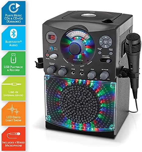Máquina de cantar SML385UBK Bluetooth Karaoke System com luzes de discoteca LED, CD+G, USB e