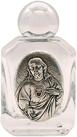 Mini garrafa de água sagrada do coração sagrado com twist-on espelhado tampa | Placa de metal do coração sagrado de Jesus na garrafa de vidro | Grande presente católico para a primeira comunhão e confirmação