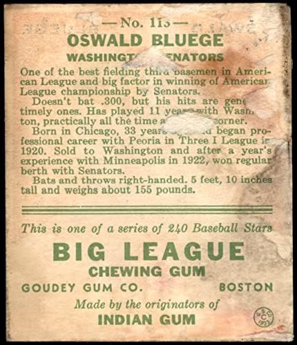 1933 Goudey # 113 Ossie Bluege Washington Senadores pobres senadores