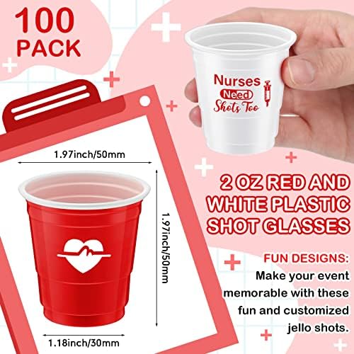 Lounsweer 100 PCs enfermeiros precisam de fotos também mini copos de plástico de plástico do dia 2 oz de copos de plástico pequenos copos descartáveis ​​para a festa de formatura da enfermeira escola de aniversário, vermelho, branco
