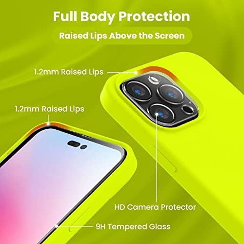 Cording projetado para iPhone 14 Pro Case, capa de telefone de silicone com [2 protetores de tela] + [2 protetores de lentes da câmera] e revestimento de microfibra anti-arranhão macio dentro, 6,1 polegadas, verde fluorescente