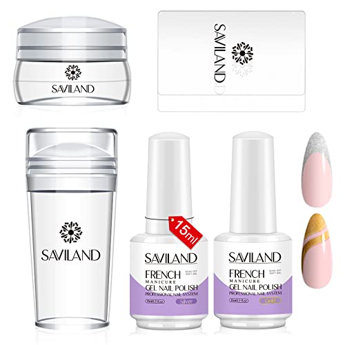 Saviland French Manicure Kit - 2pcs Gold e Silver Gel Achanet com 4pcs Kit de estampa de unhas de unha de ponta