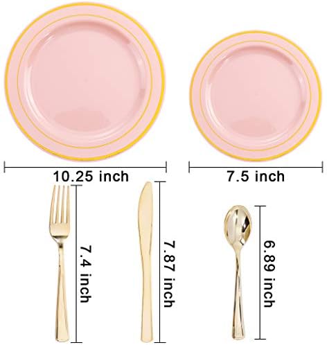 Bucla 150pcs placas de plástico rosa com aro de ouro - placas rosa com talheres de plástico dourado