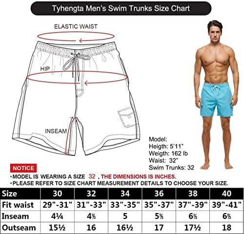 Trunks de natação masculinos de Tyhengta, shorts de praia seca rápida com bolsos com zíper e forro de malha