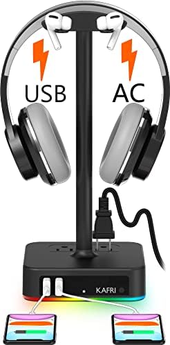 RGB fone de ouvido Stand com carregador USB KAFRI GAMING HANDSET RACK RACK com 2 portas de carregamento USB e 2 tomada - Adequado para o jogo de mesa de mesa para jogos de mesa acessórios para fones de ouvido Presente de namorado presente