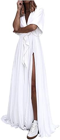 Mulheres Lado do verão dividido Vestido maxi de manga curta De pescoço profundo com cinto com cinto casual casual