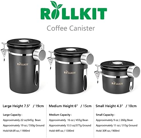 RollKit Cafetle Cabaco Recipientes de armazenamento aéreo para grãos de feijão, suporte para salvamento de aço inoxidável para jarro de chá com rastreador de data, válvula de liberação de CO2, tampa aérea, scoop - médio 16oz, cinza