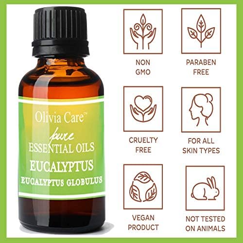 O óleo essencial de eucalipto pela Olivia Care - natural, puro e vegano. Grade terapêutica e perfeita para aromaterapia, massagem, difusor, banho. Hidratante, purifique a pele e o couro cabeludo. Aroma fresco lenhoso - 0,5 oz